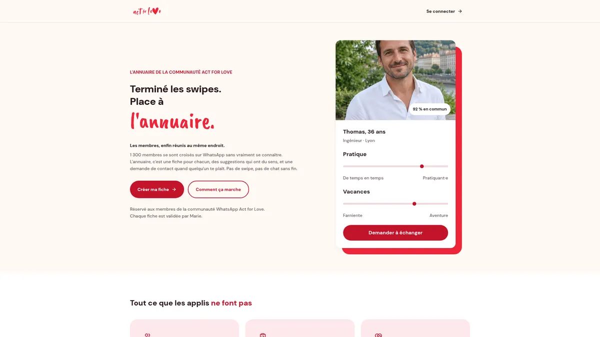 Aperçu d'Act for Love, annuaire privé des membres d'une communauté